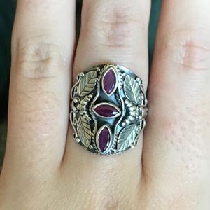 Ruby triple gemstone sterling silver ring